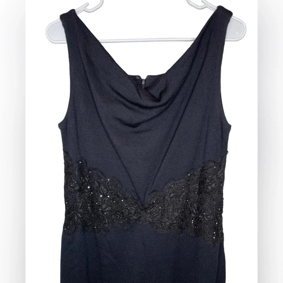 NWT St John Evening Santana Drape Neck Black Lace Middle Dress Dark Blue Size 12 - Picture 3 of 10
